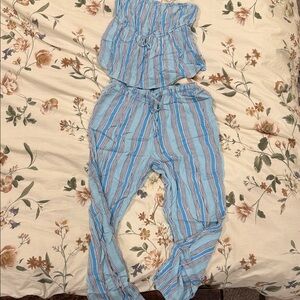 No Boundaries Blue and White Striped Jumpsuit